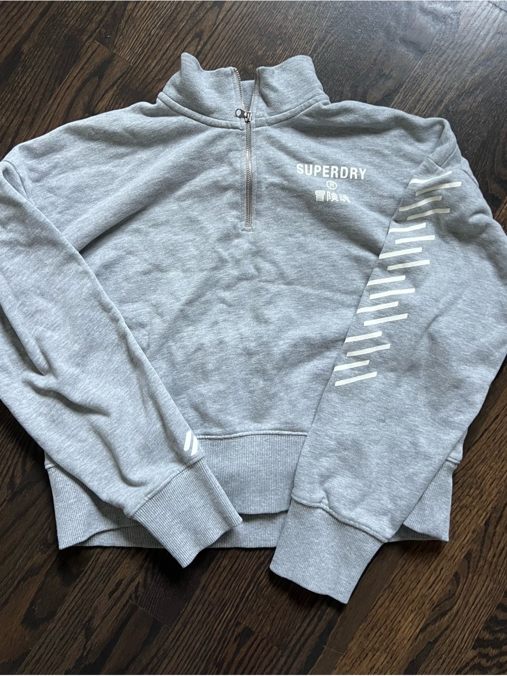 Superdry Light Gray Quarter-Zip Pullover with white on sleeve